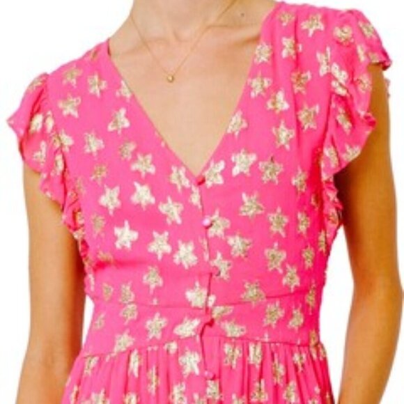 Ciebon Hot Pink Gold Loxi Metallic Star Print Maxi Dress - Picture 3 of 9